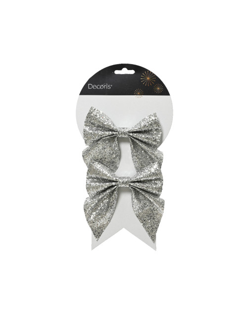 Χριστουγεννιάτικοι Ασημένιοι Φιόγκοι με Γκλίτερ – Σετ 2 τεμαχίων 12×13 cm