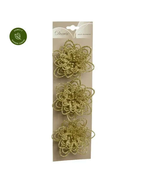Σετ 3 Χριστουγεννιάτικα Λουλούδια με Γκλίτερ & Κλιπ – Χρυσά 10 cm