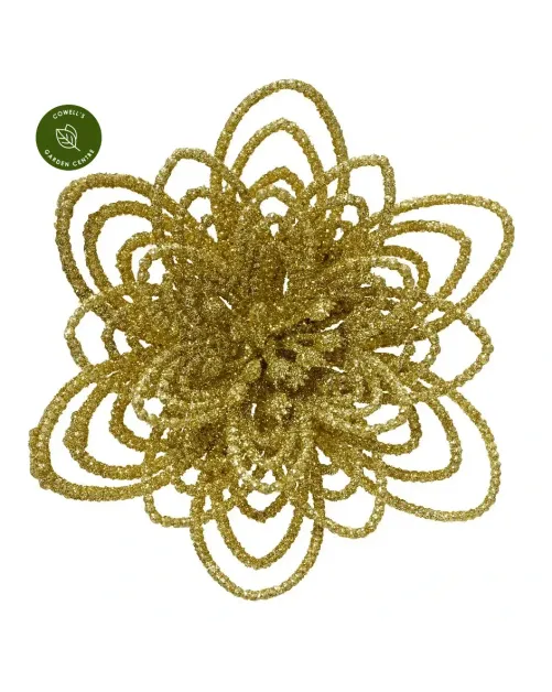 Σετ 3 Χριστουγεννιάτικα Λουλούδια με Γκλίτερ & Κλιπ – Χρυσά 10 cm